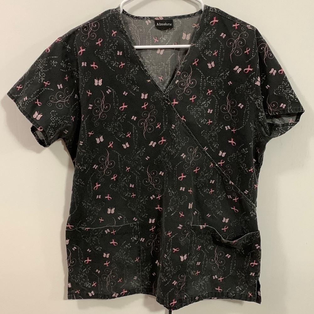 Absolute pink ribbons and butterflies Scrubs top, wrap look. Good condition